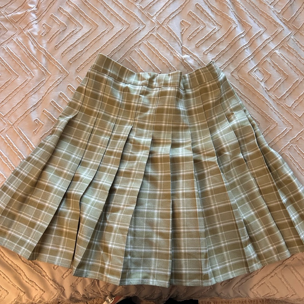 Pleated Plaid Mini Skirt in Sage Green